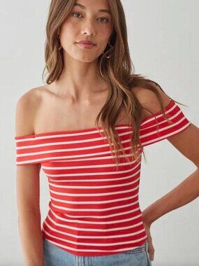 Wild Fable Red White Striped Off Shoulder Crop Top Size Small
